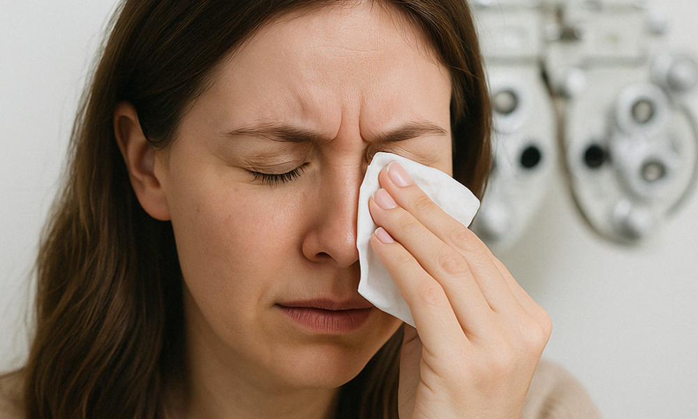 A woman with long brown hair holds a tissue to her closed eye, appearing to be in discomfort—possibly from dry eyes—with medical equipment visible in the background, suggesting she may be visiting Eye Specialists in Twin Falls.