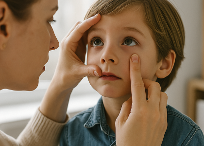 An adult gently examines a young boy’s eyes by holding his face and lifting his eyelid, highlighting the importance of Pediatric Eye Health for parents in a well-lit indoor setting in Idaho Falls.