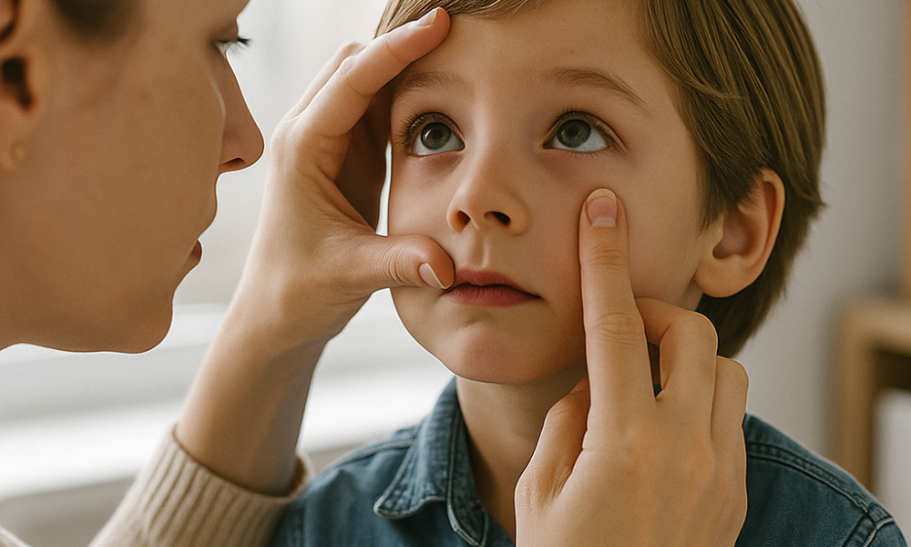 An adult gently examines a young boy’s eyes by holding his face and lifting his eyelid, highlighting the importance of Pediatric Eye Health for parents in a well-lit indoor setting in Idaho Falls.