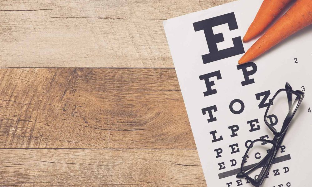 Eye care chart with carrots and glasses on a wooden table.