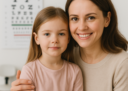A woman and a young girl sit together and smile in an eye doctor's office in Boise, with an eye chart in the background—a comforting scene for any parent guide to preparing for a child eye exam.