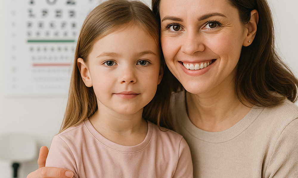 A woman and a young girl sit together and smile in an eye doctor's office in Boise, with an eye chart in the background—a comforting scene for any parent guide to preparing for a child eye exam.