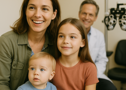 A busy parent with two children sits in an eye exam room, getting expert eye care from a Meridian optometrist, with exam equipment visible in the background.