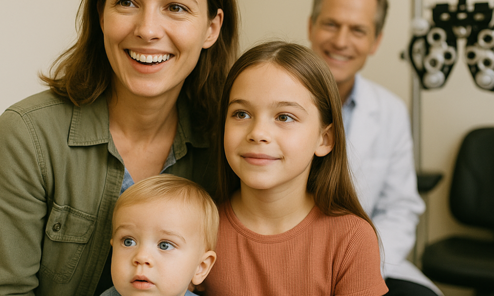 A busy parent with two children sits in an eye exam room, getting expert eye care from a Meridian optometrist, with exam equipment visible in the background.