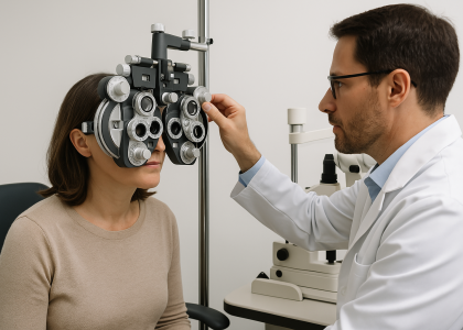 In Ogden, an eye doctor expertly adjusts a phoropter during a comprehensive eye exam, ensuring the woman's vision services are tailored to her needs.