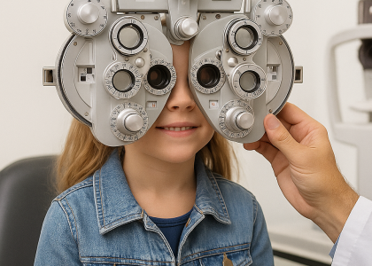 A child wearing a denim jacket sits quietly during an eye exam as an optometrist in Nampa adjusts the phoropter.