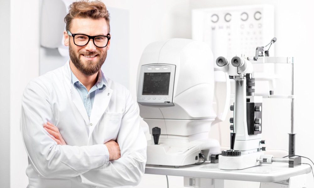 Optometrist, best eye doctor in Boise, standing confidently in his clinic beside eye examination equipment.