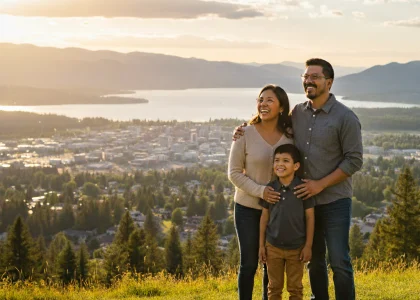A family of three stands on a grassy hill overlooking a city and lake at sunset, mountains in the background. Text reads "EYE PROS COEUR D'ALENE" in the corner, highlighting The Eye Pros’ dedication to quality eye care in Coeur d'Alene.