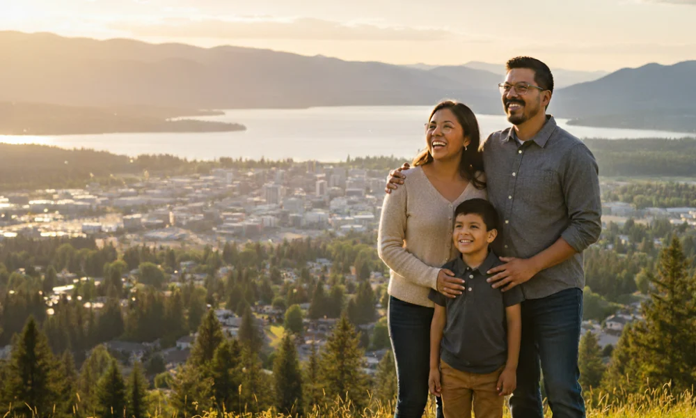 A family of three stands on a grassy hill overlooking a city and lake at sunset, mountains in the background. Text reads "EYE PROS COEUR D'ALENE" in the corner, highlighting The Eye Pros’ dedication to quality eye care in Coeur d'Alene.
