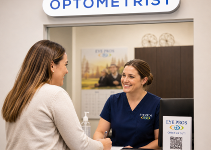 Patient checking in for a same-day eye exam with Eye Pros staff.