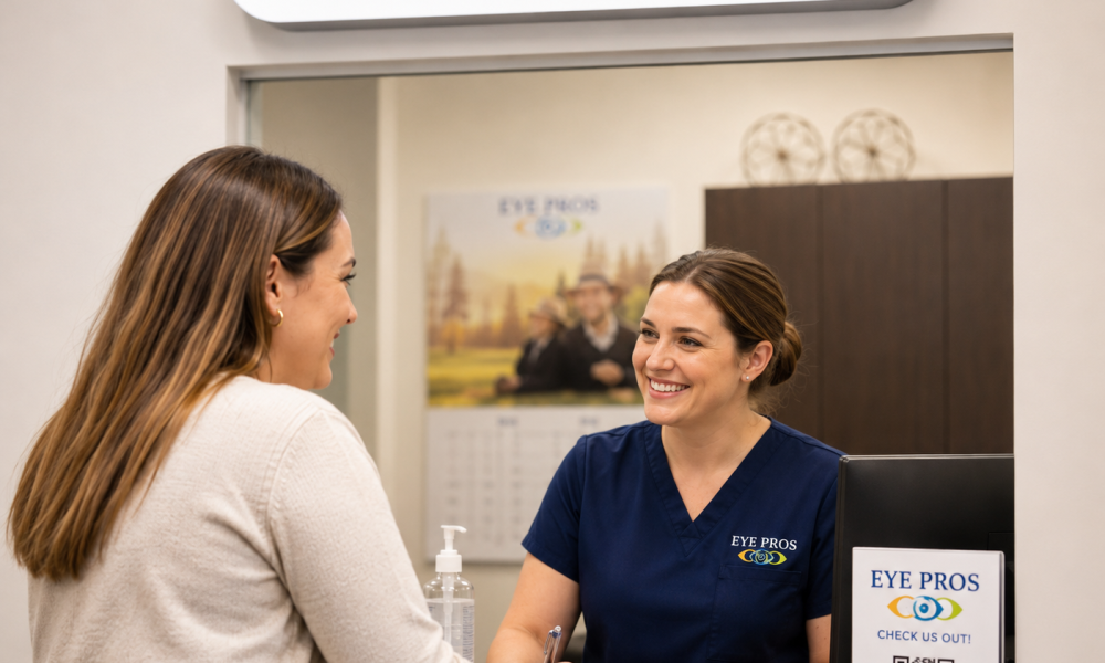 Patient checking in for a same-day eye exam with Eye Pros staff.